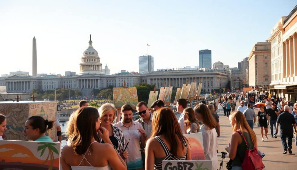A group of people gathers outdoors with paintings displayed, with the US Capitol, Washington Monument, and city buildings visible in the background.