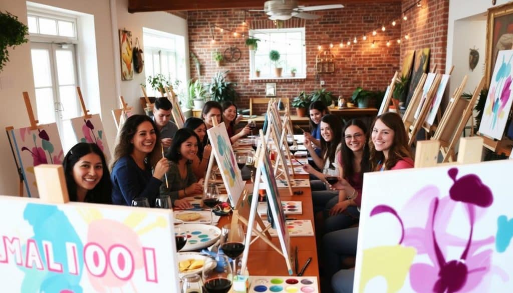 A group of people enjoy a paint and sip event, sitting at a long table painting on canvases in a bright, brick-walled studio decorated with plants and string lights.