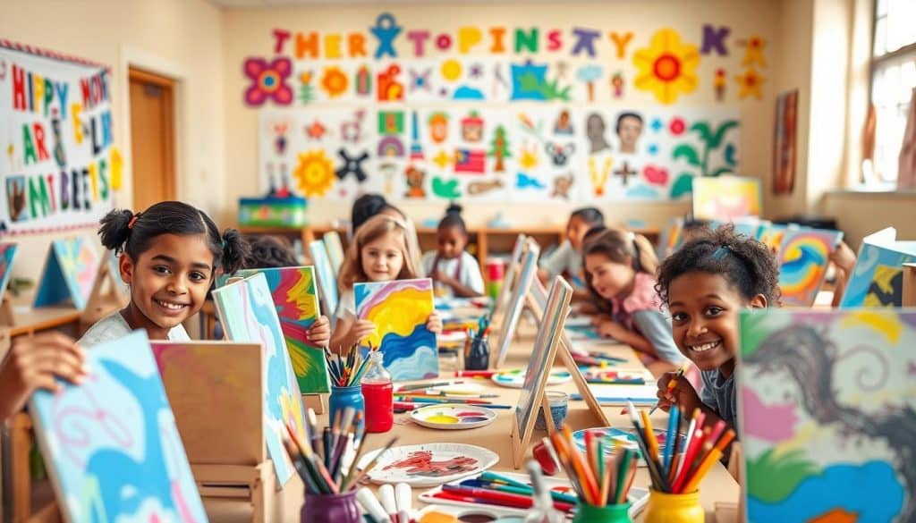 Children sit at tables in a colorful classroom, enjoying a paint and sip-style activity as they create art on canvases, surrounded by bright artwork on the walls.