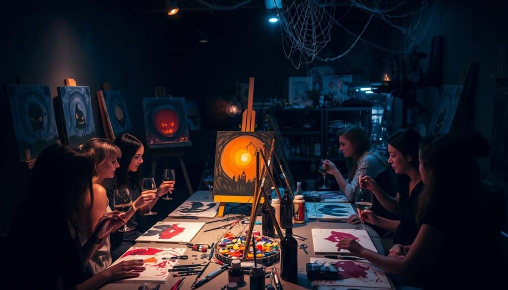 A group of women enjoy a paint and sip evening, sitting around a table painting and drinking wine in a dimly lit art studio decorated with Halloween-themed artwork.