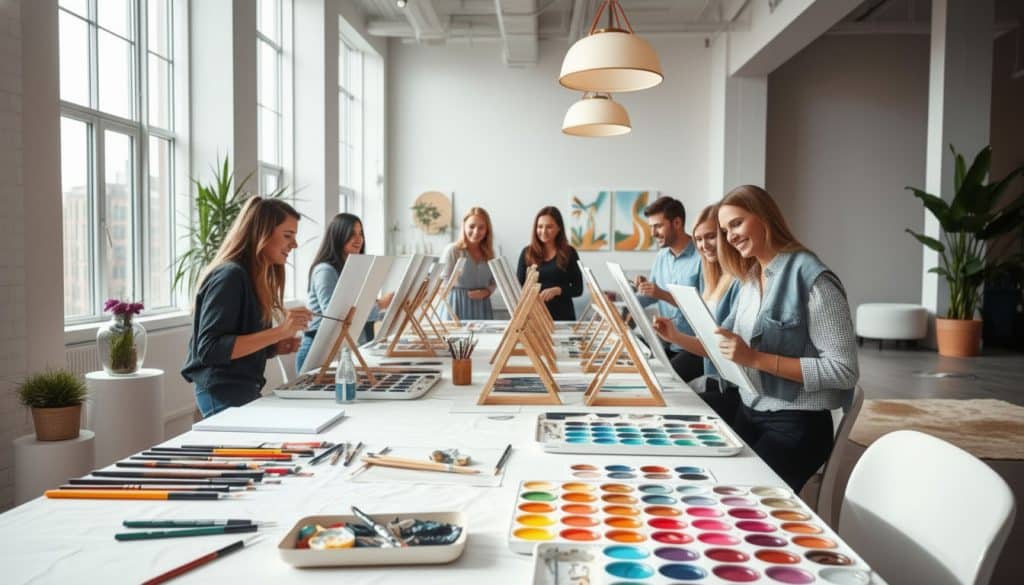 A group of people paint at easels in a bright, modern art studio with large windows, art supplies, and plants visible around the room.
