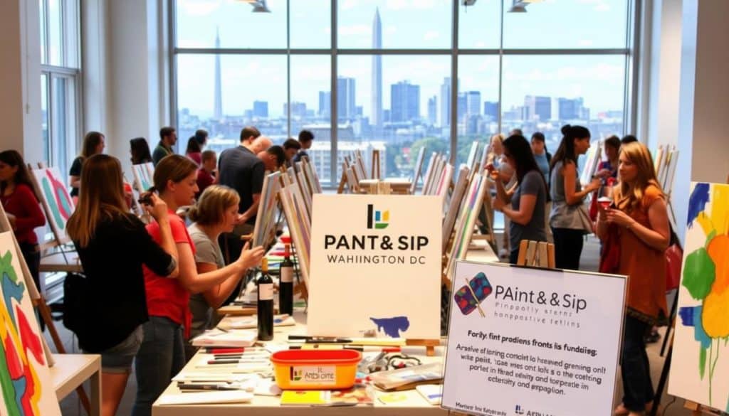 A group of people participates in a painting class at Pant &amp; Sip in Washington DC, with canvases and art supplies set up in a bright studio overlooking a city skyline.