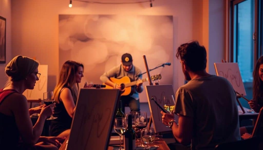 A group of people sit at easels painting and drinking wine while a musician plays acoustic guitar in a warmly lit room.