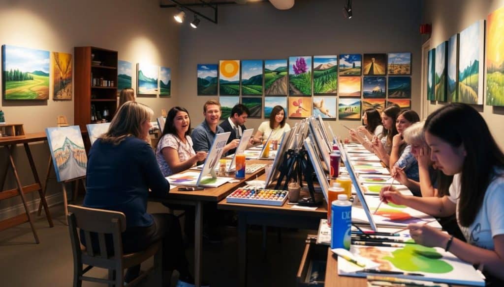 A group of people sits at long tables painting on canvases in an art class, with colorful finished landscape paintings displayed on the walls around them.