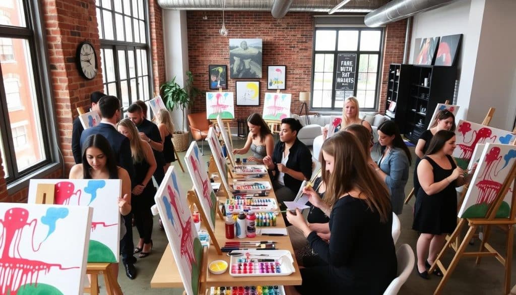 A group of people participates in a painting class in a well-lit studio, each working on colorful canvas art at easels.