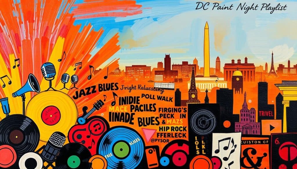 Colorful illustration of a music-themed cityscape featuring the Washington Monument, vinyl records, microphones, and playlist genre names under the title "DC Paint Night Playlist.