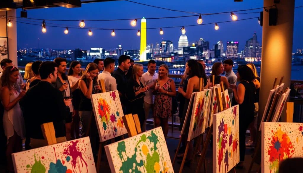 A group of people socializes at a rooftop paint and sip art event in the evening, with colorful paintings on easels and a city skyline visible in the background.