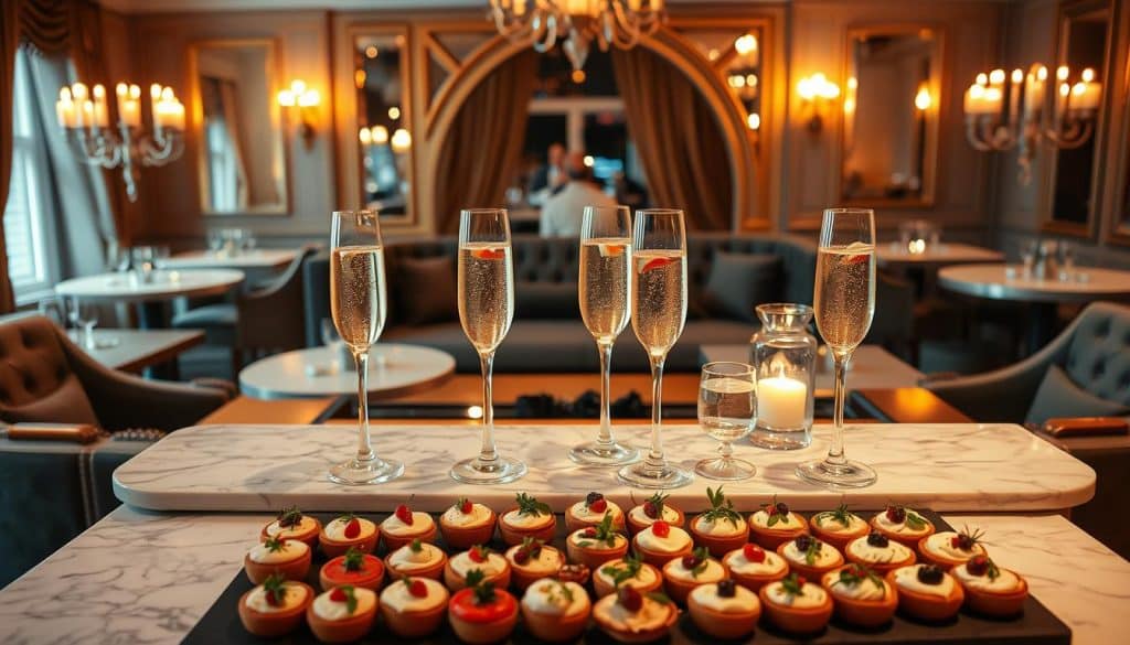 Five champagne flutes and assorted bite-sized appetizers are arranged on a marble counter in an elegant, softly lit dining room&mdash;perfect for a sophisticated paint and sip gathering.