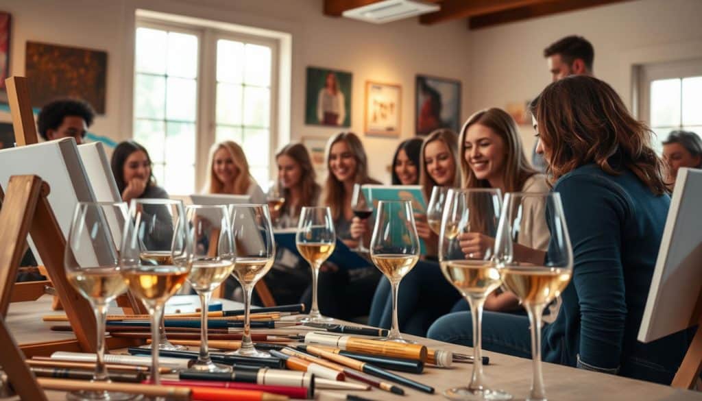 A group of people sit at tables with wine glasses, paintbrushes, and canvases, participating in a painting class in a well-lit room.
