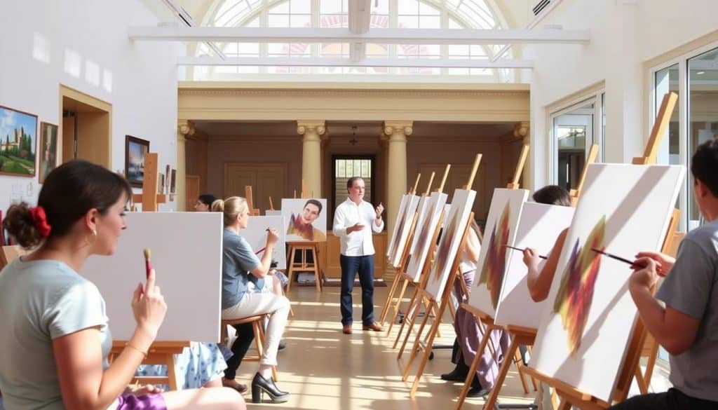 A group of people sits at easels painting portraits in a well-lit art studio, enjoying a lively paint and sip session while an instructor stands at the front giving directions.