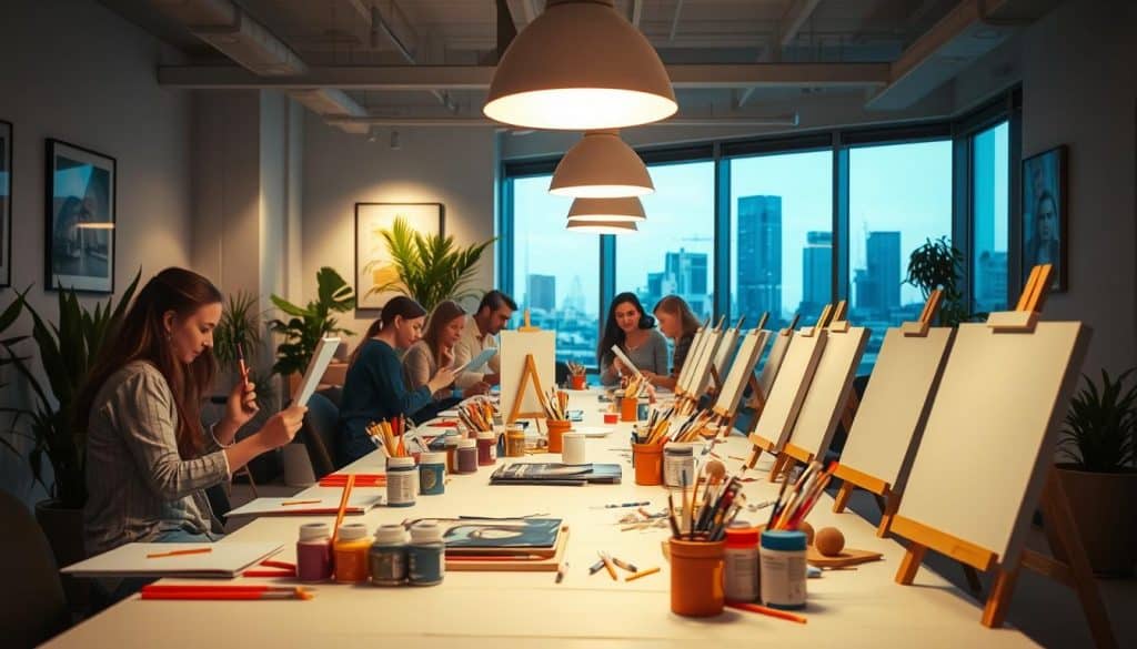 A group of people sits at a long table with art supplies and blank canvases in a modern, well-lit room with large windows overlooking a cityscape.