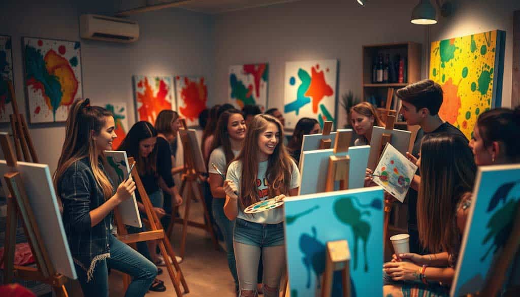A group of young adults enjoys a lively paint and sip class, standing at easels and socializing in a brightly lit room adorned with colorful artwork on the walls.