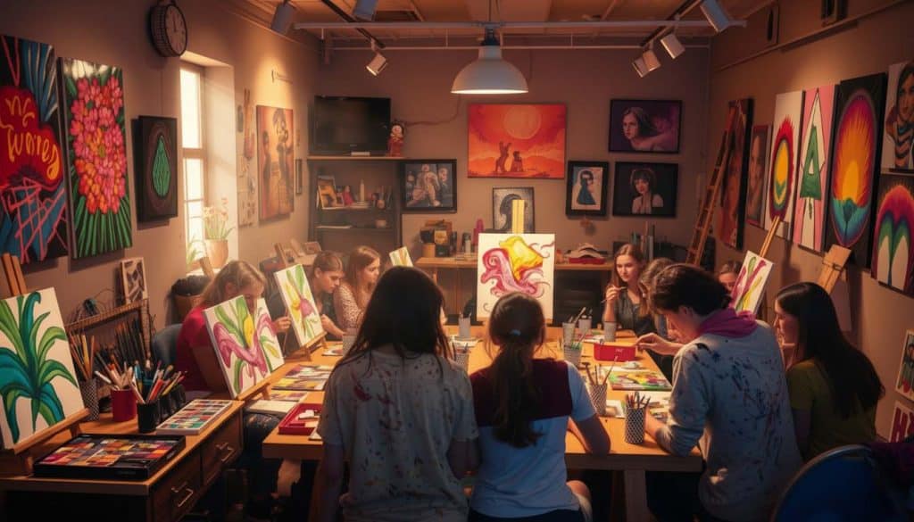 A group of people sit around a table in an art studio, painting colorful artworks on canvases. The room is decorated with various paintings and art supplies.