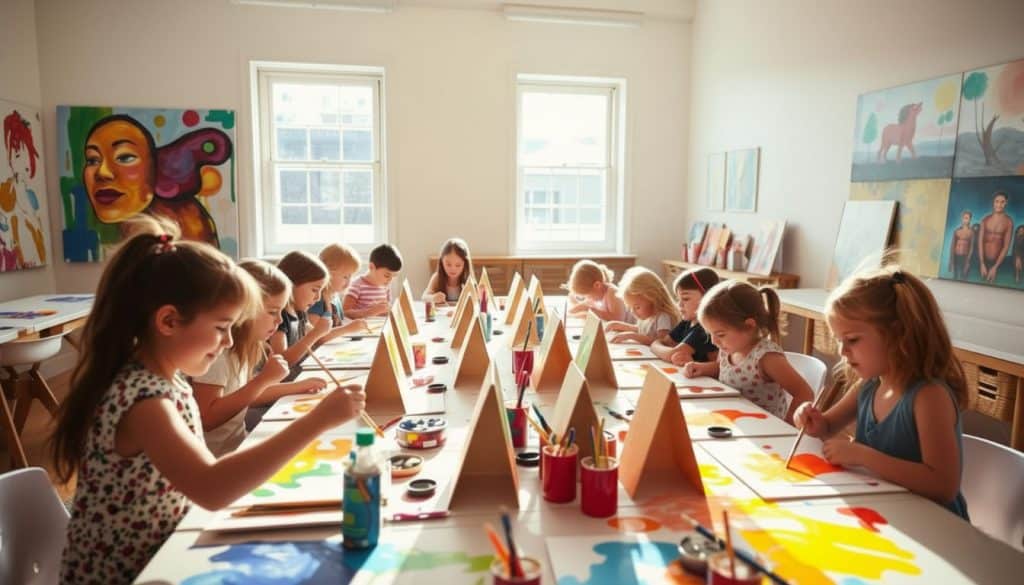 Children sit at a long table in a bright classroom, enjoying a paint and sip activity as they create with brushes and colorful paints; cheerful artwork decorates the surrounding walls.