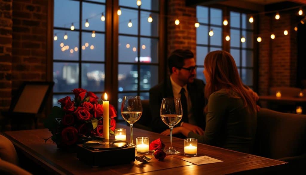 A couple sits closely at a romantic, candlelit table with wine glasses, red roses, and soft string lights, enjoying a cozy paint and sip evening as the cityscape glows through large windows in the background.