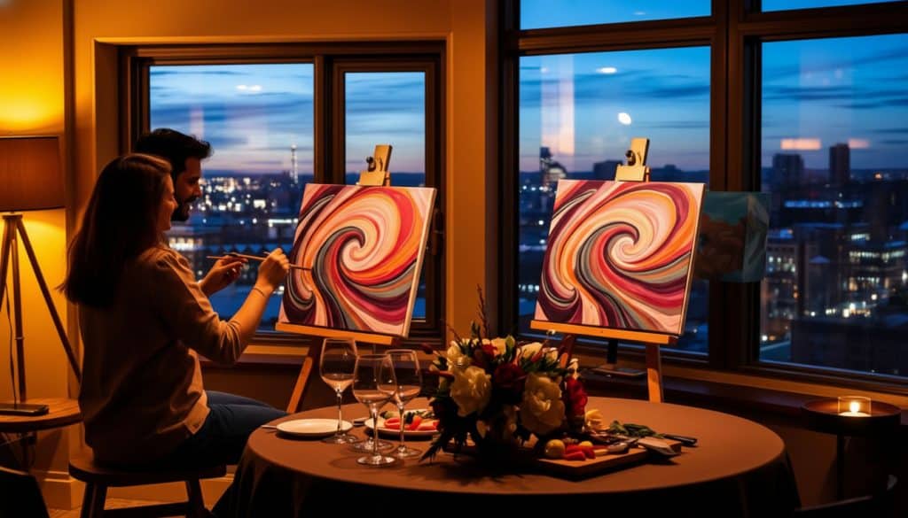 A man and woman enjoy a paint and sip session, creating colorful, swirling abstract art on canvases in a high-rise room at sunset, with wine and flowers adorning a nearby table.