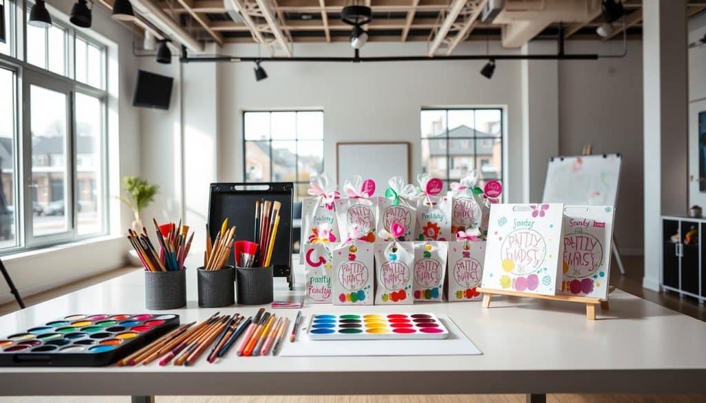 A well-lit art studio with paintbrushes, watercolor palettes, paint kits, and a small easel arranged neatly on a white table&mdash;perfect for a relaxing paint and sip session.