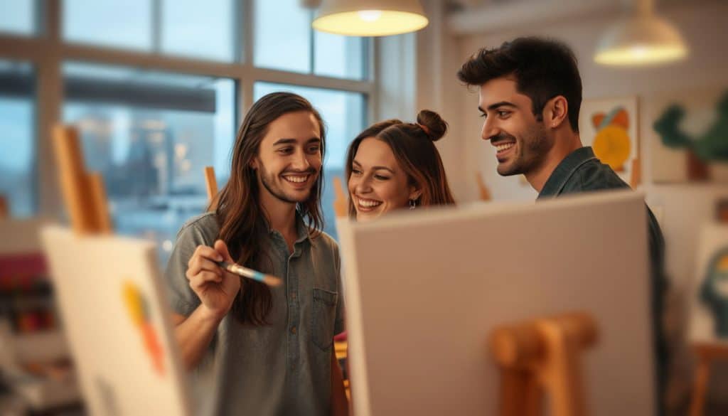 Three young adults stand together, smiling and painting on canvases in a brightly lit sip and paint DC art studio.