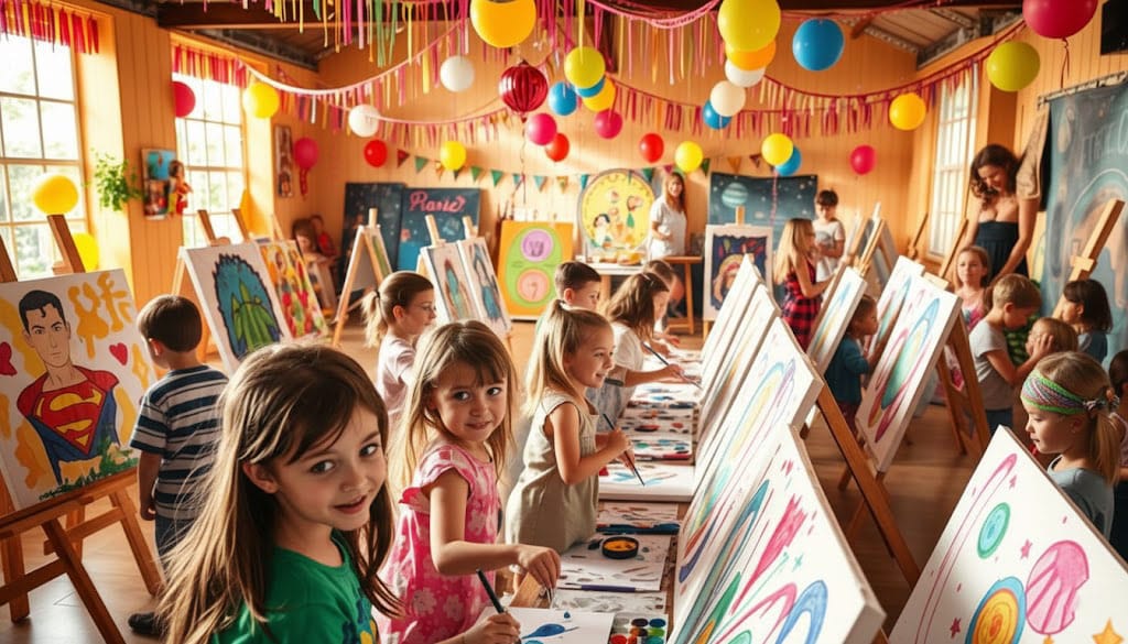 Children enjoy a paint and sip session, painting on canvases at easels in a decorated classroom with balloons and streamers, guided by supervising adults.