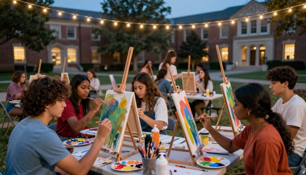 A group of young people enjoy a paint and sip event, creating art on canvases at outdoor tables under string lights in front of a brick school building at dusk.