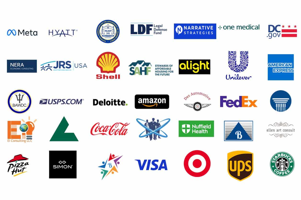 A collection of various company and organization logos, including Meta, Shell, Amazon, Coca-Cola, American Express, FedEx, UPS, and Visa, arranged in a grid on a white background.