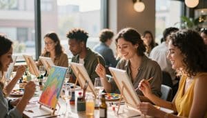 A group of people sit at a table in a bright room, enjoying a lively paint and sip session as they paint on canvases and smile, surrounded by art supplies and drinks.