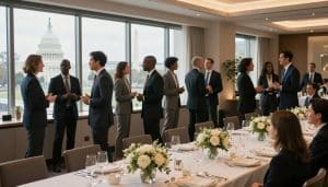A group of people in business attire converse and network around a formal dining table in a modern room with views of the U.S. Capitol and Washington Monument, adding a creative twist with a paint and sip session.