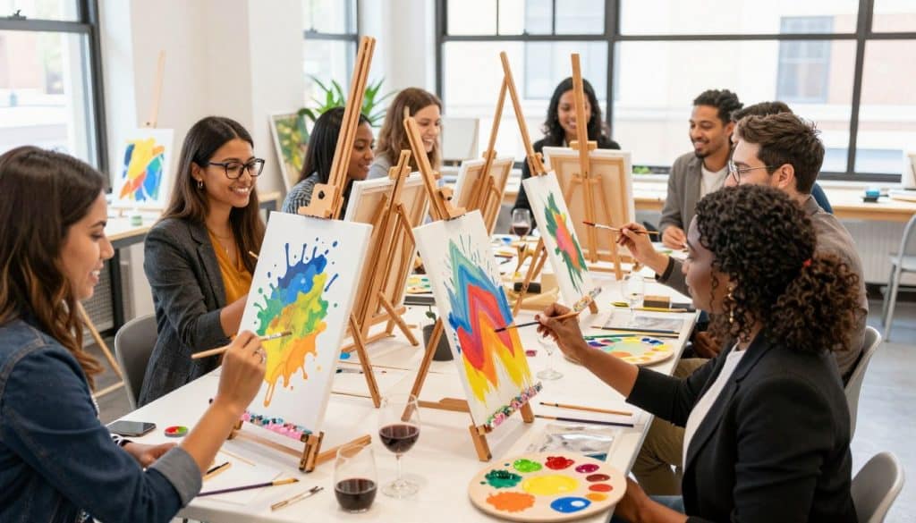 A group of people sit around a table in a brightly lit room, enjoying a paint and sip session as they create colorful abstract designs on canvases during a painting class.