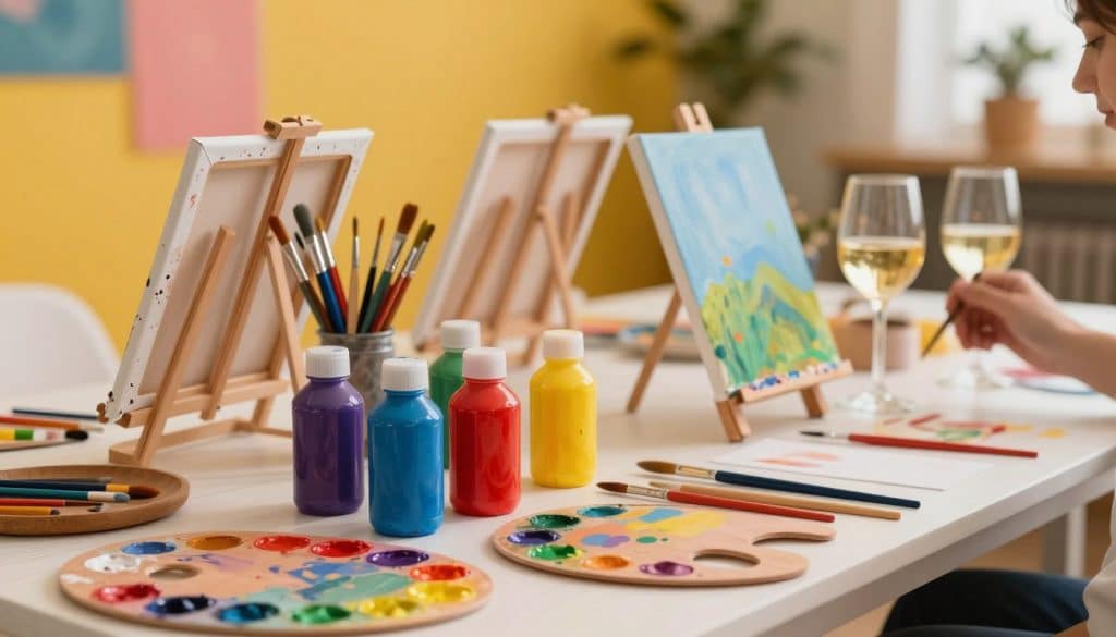 A table with art supplies and paints.
