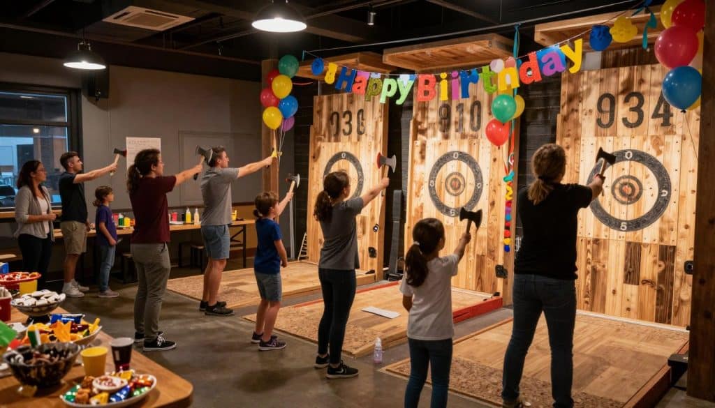People, including children and adults, throw axes at wooden targets at an indoor axe-throwing venue decorated with balloons and a "Happy Birthday" banner, creating a lively atmosphere similar to a paint and sip celebration.