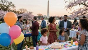 A group of people enjoy a birthday celebration outdoors with balloons, cake, and decorations near the Washington Monument during cherry blossom season, adding a fun paint and sip activity to the festivities.