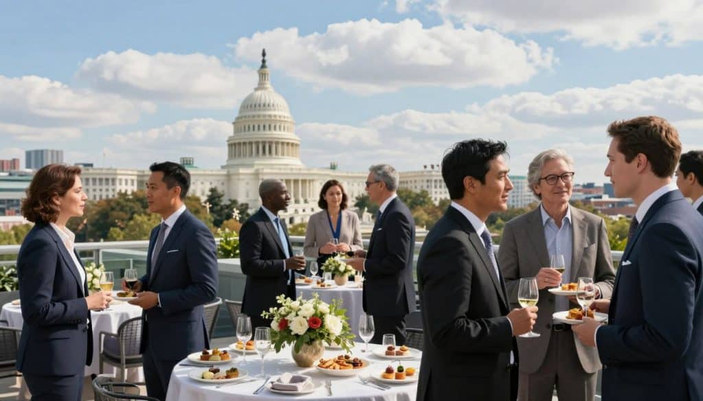 Professionals in business attire converse and hold drinks at a rooftop event with food tables, with the U.S. Capitol building visible in the background under a partly cloudy sky.
