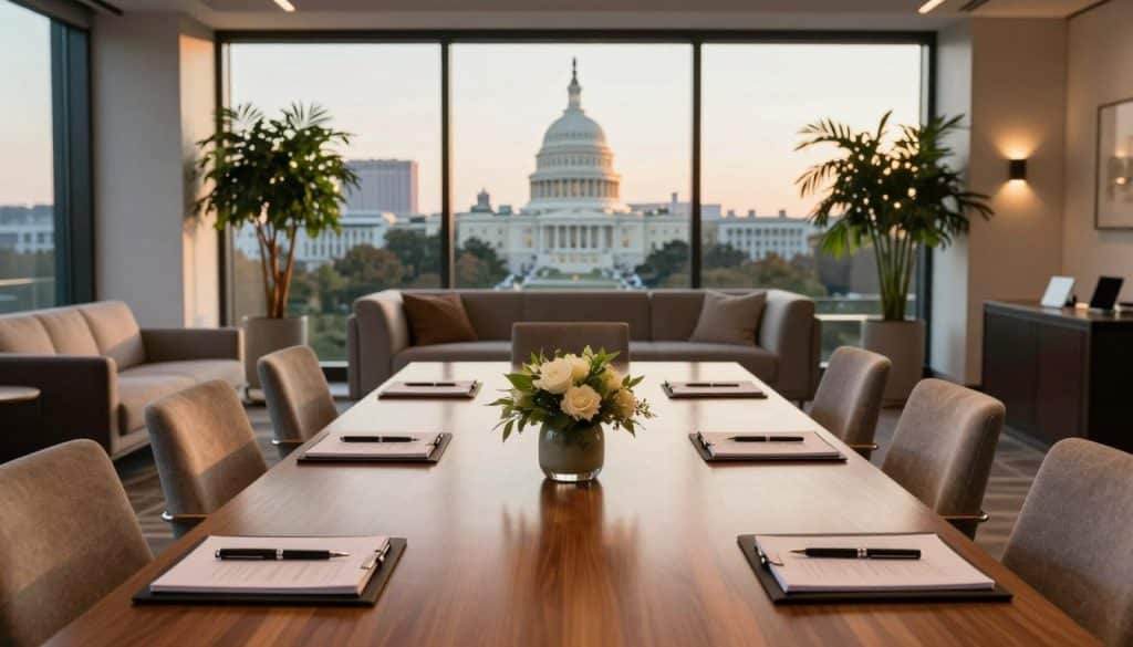 A conference room with a long table, chairs, notepads, and pens awaits a paint and sip event, overlooking the U.S. Capitol building through large windows at sunset.