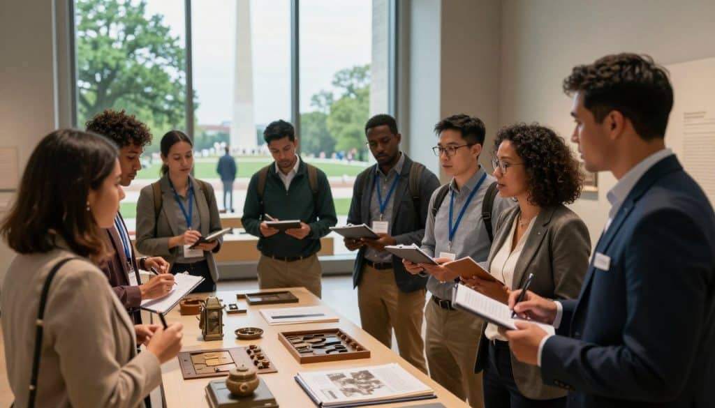 A group engaged in team building with notebooks observes artifacts on display in a museum room with large windows and a view of a monument outside.