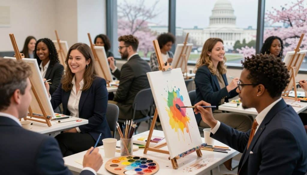 A group of people in business attire enjoy a paint and sip session at easels in a classroom with large windows, the U.S. Capitol building visible outside.