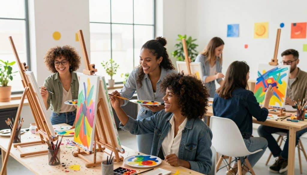Several people sit at tables in a bright room, enjoying a paint and sip session as they create colorful artwork on canvases, smiling amidst art supplies and vibrant paintings.