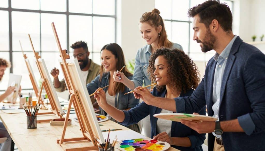 A group of adults enjoy a paint and sip session, sitting and standing at easels, painting with brushes and palettes in a bright, modern art studio.