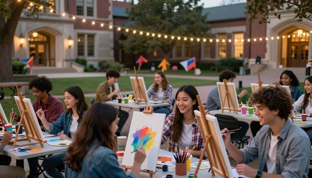 Students sit at tables outdoors, enjoying a paint and sip session as they create art on canvases with supplies in front of a brick building adorned with string lights and colorful banners.
