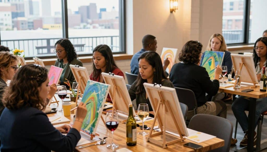 A group of people enjoy a paint and sip evening in a brightly lit room, painting on canvases with art supplies and drinks on the tables, city buildings visible through the windows.