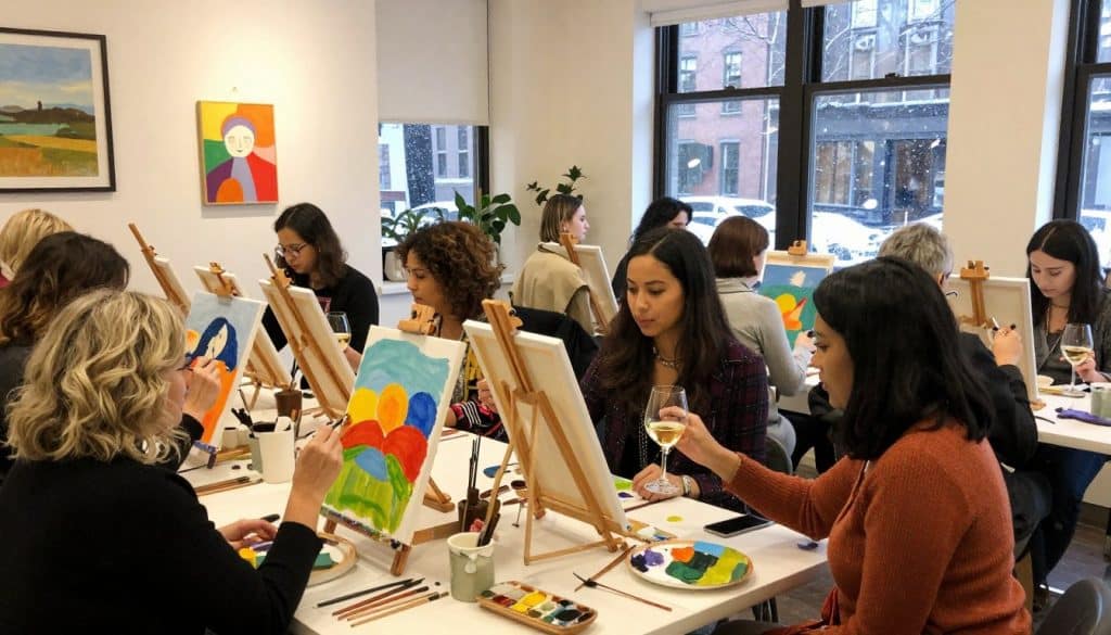 A group of people sit at tables in a bright room, painting on canvases and holding drinks, with art supplies and finished paintings visible.