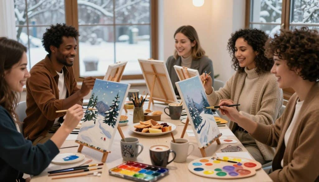 Five people sit around a table painting winter scenes on canvases, with art supplies, snacks, and mugs on the table; snow is visible outside the large windows—a cozy setting perfect for sip and paint ideas.