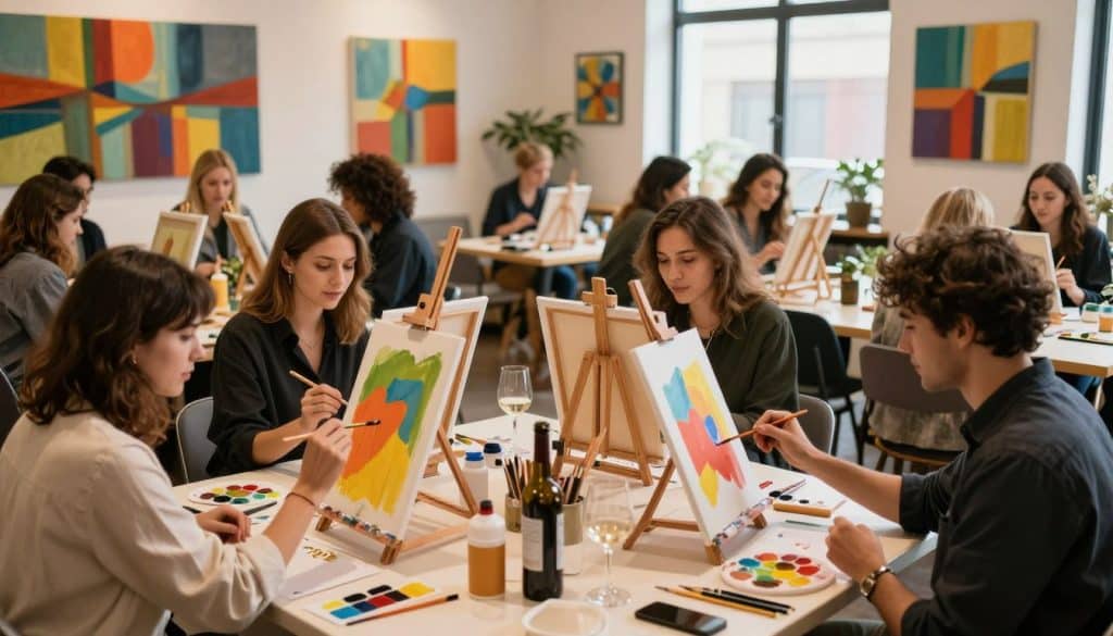 People sit at tables painting colorful abstract art on canvases in a well-lit studio, surrounded by art supplies and modern abstract paintings on the walls.
