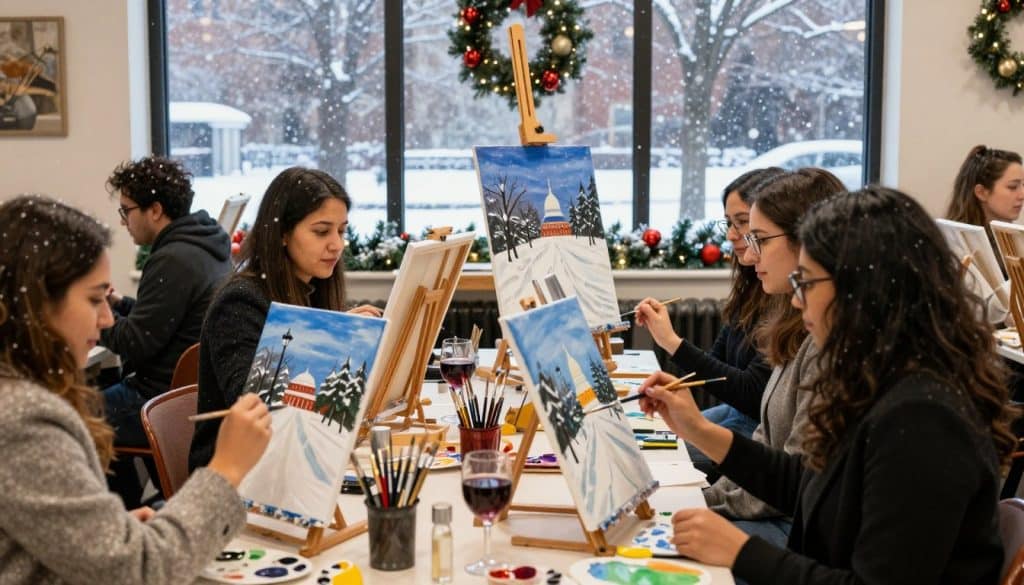 People sit at tables painting winter landscapes on canvases in an art studio decorated with holiday wreaths, with a snowy scene visible through the window.
