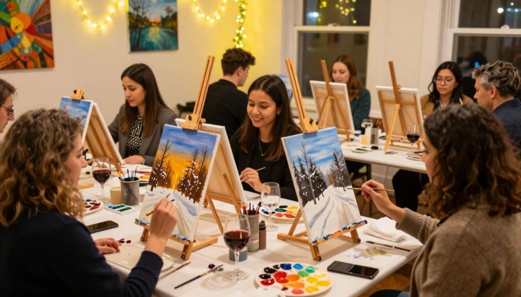 People sit around tables at a paint and sip class, each working on a winter landscape canvas with palettes and brushes; glasses of wine rest on the tables while fairy lights twinkle in the background.