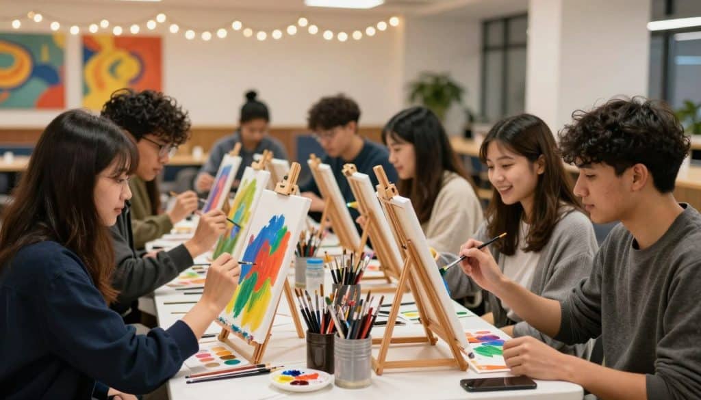 A group of young adults sits at a long table, each painting on canvases with brushes, in a well-lit art studio decorated with string lights.