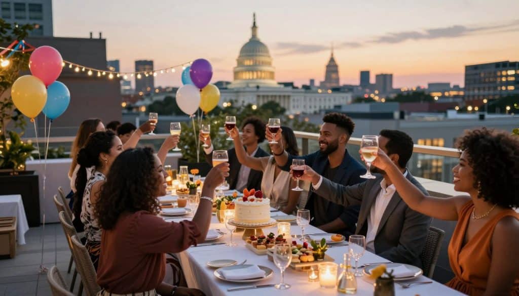 A group of people sit around a rooftop dining table at sunset, raising glasses in a toast during a paint and sip event, with balloons and city buildings including a domed capitol in the background.
