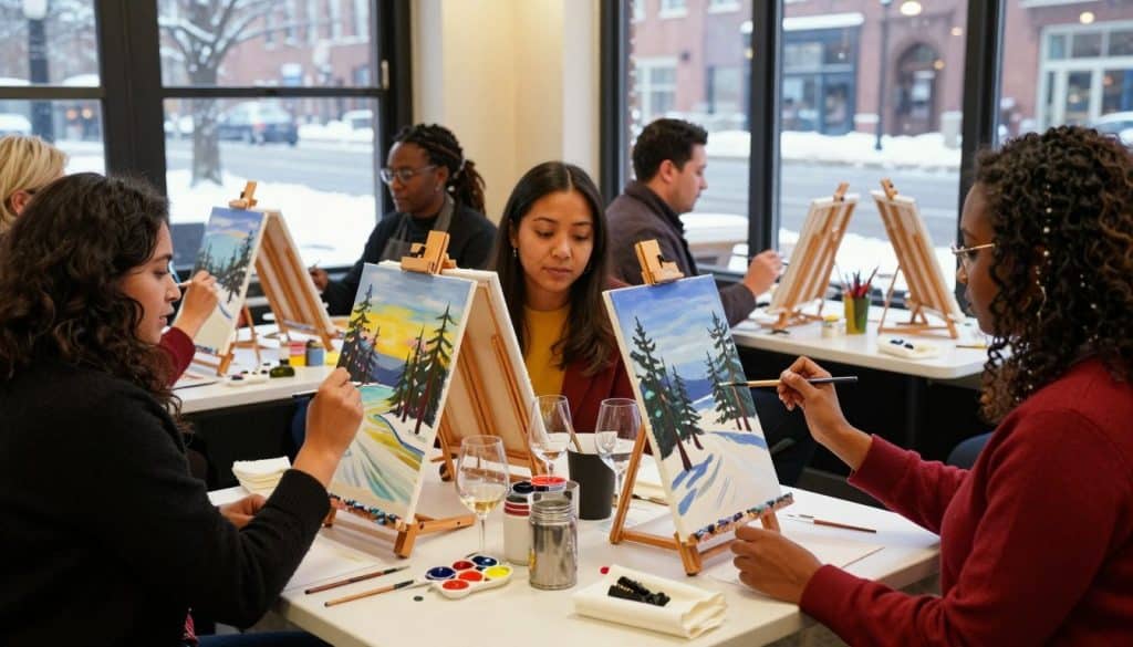 People sit around tables at a cozy paint and sip class, painting winter landscapes on canvases. Art supplies and glasses of wine are scattered about, while snow drifts gently outside the windows.