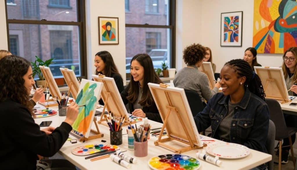 A group of people enjoys a paint and sip event, sitting at tables painting on canvases in a brightly lit art studio with colorful artwork on the walls.