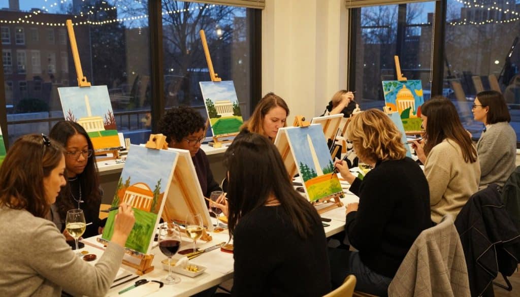 A group of people enjoys a paint and sip class, sitting at tables painting landscapes on canvases with drinks nearby, while large windows brighten the indoor art studio.