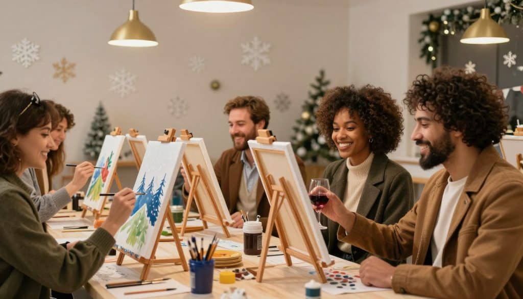 Five people enjoy a festive sip and paint at a table, creating winter scenes on canvases. One holds a glass of wine, while holiday decorations and painted trees add to the cheerful background.